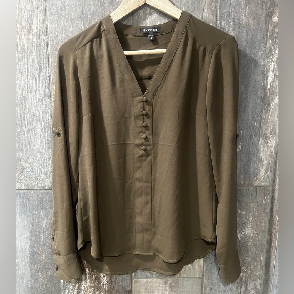 Express Green Portfolio V-Neck Blouse with Button Detail